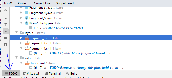 Android Studio, usar panel “TODO”, tareas pendientes.